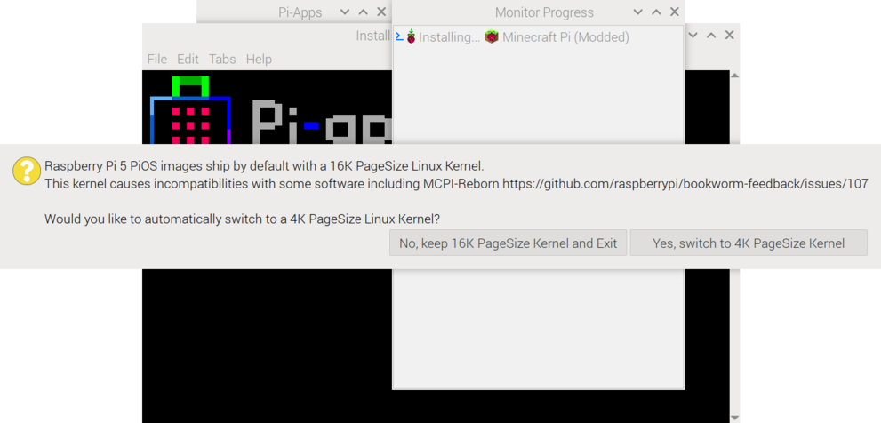 Wanneer ik «Minecraft» probeer te installeren, suggereert het dat ik de Linux kernel wijzig naar een PageSize van 4K.