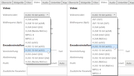 HandBrake-Encoder-Vergleich: Mit 12th-Gen-Intel-Prozessor und Nvidia GeForce RTX 3080 zur Auswahl stehende Encoder. Links die normale Latest-Version, rechts der auch Nightly-Version genannte Snapshot Build (Stand: September 2022).