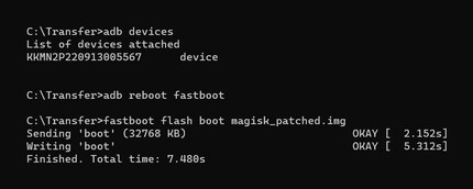 The flash process of the patched boot.img file using Windows console and ADB.