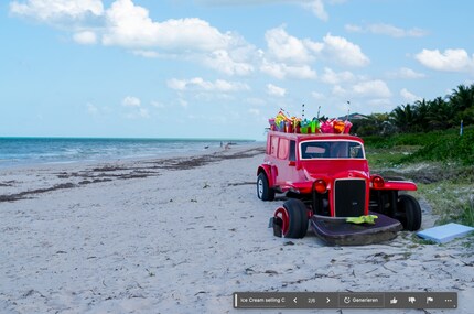 Am vorher leeren Strand steht nun ein Glace-Wagen. Oder so ähnlich.
