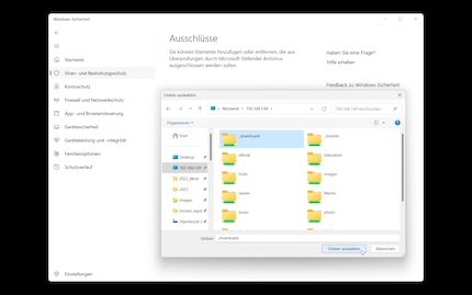 Ich wähle den gewünschten Ordner. Danach erscheint er in den Ausschlüssen, wo ich ihn jederzeit wieder entfernen kann.