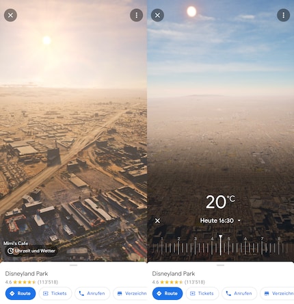 Mijn voorbeeld met Disneyland Los Angeles met de huidige weergave en rechts met de ingestelde tijd.