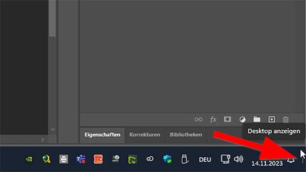 Click the space next to the bell to minimise all windows or press Windows Key + D.