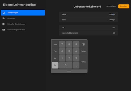 Naast de canvasgrootte vind je aan de linkerkant nog meer opties om je project te personaliseren, zoals het kleurprofiel.