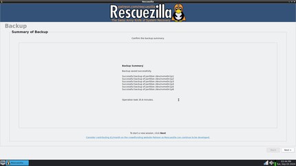 Binnen 36 minuten heeft Rescuezilla 210 gigabyte weggeschreven naar de doelschijf, een externe SSD.