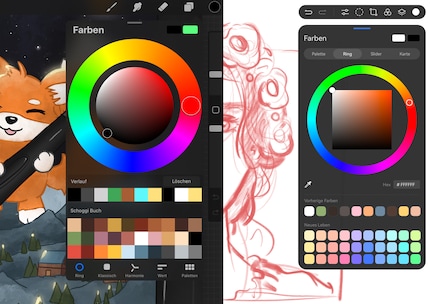 De kleurenkiezer links uit Procreate, rechts uit GoPaint.