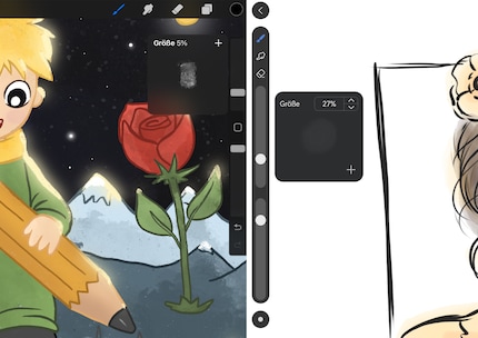 Ik kan de penseelvoorvertoning van GoPaint rechts nauwelijks zien, maar met Procreate is dat geen probleem.
