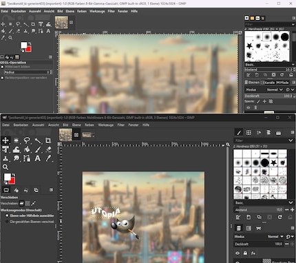 Gimp 2.10 (obere Bildhälfte) im Vergleich zu Gimp 3.0 (untere Hälfte).